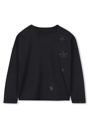 Black long-sleeve shirt in soft fabric featuring metallic star embellishments on one side, round neckline, and relaxed fit.