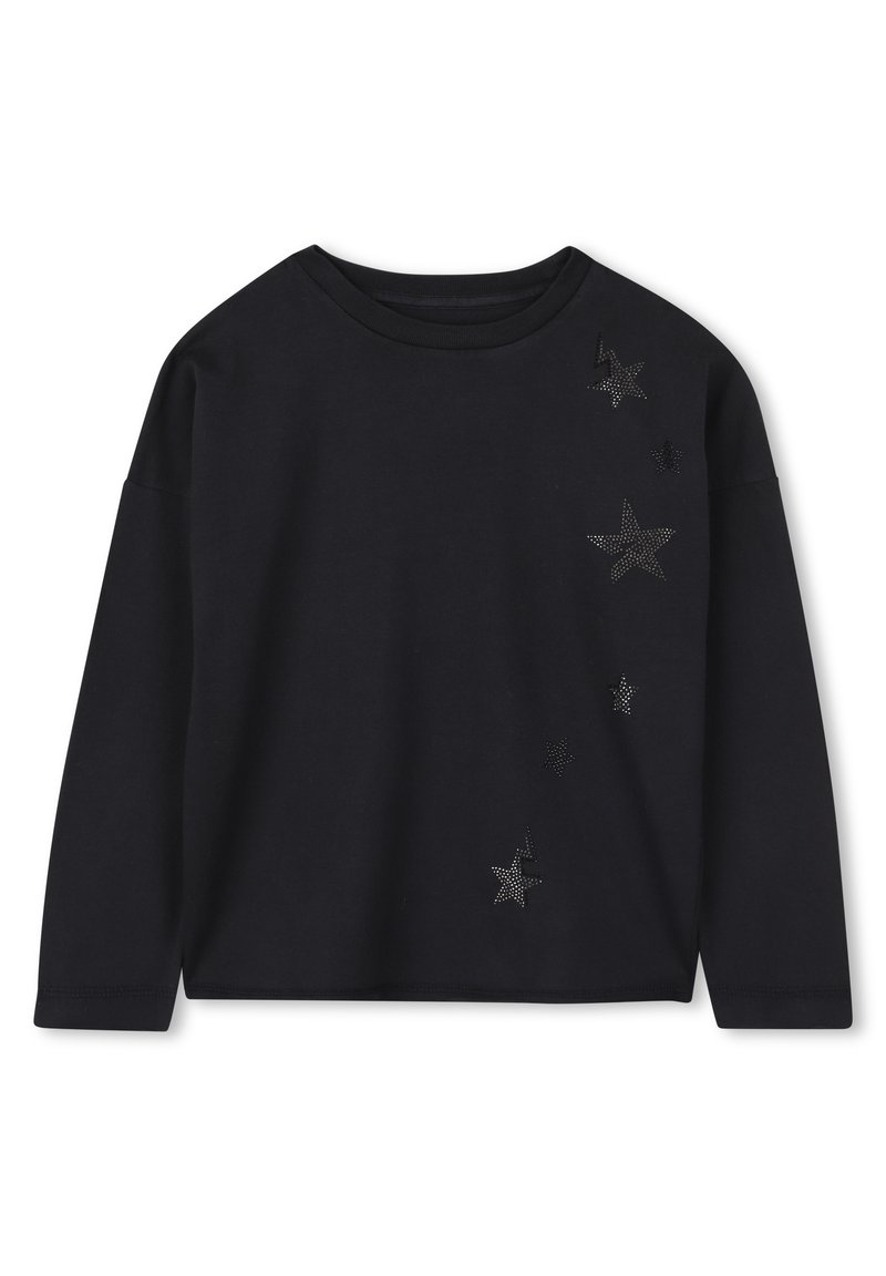 Zwart shirt met lange mouwen van zachte stof, versierd met metallic sterapplicaties aan één kant, ronde halslijn en een ontspannen pasvorm.