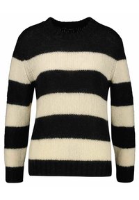 Schwarz und creme gestreifter Pullover mit rundem Ausschnitt, gestrickter Textur und langen Ärmeln, der abwechselnd dicke und dünne Streifen zeigt.