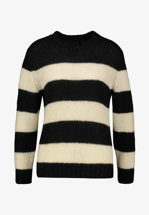Zwart en crèmekleurig gestreepte trui met een ronde halslijn, gebreide textuur en lange mouwen, met afwisselend dikke en dunne strepen.