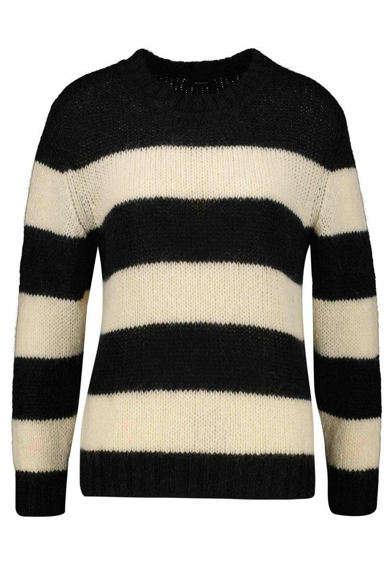 Schwarz und creme gestreifter Pullover mit rundem Ausschnitt, gestrickter Textur und langen Ärmeln, der abwechselnd dicke und dünne Streifen zeigt.
