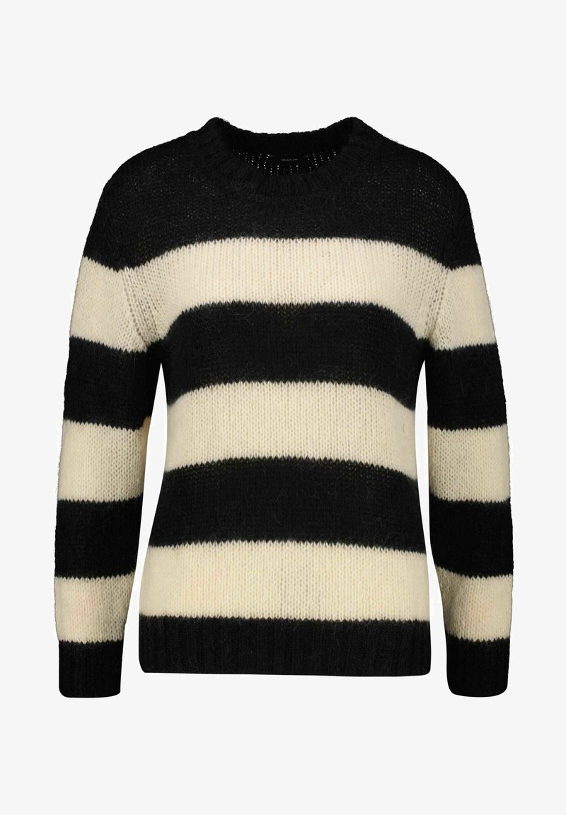 Schwarz und creme gestreifter Pullover mit rundem Ausschnitt, gestrickter Textur und langen Ärmeln, der abwechselnd dicke und dünne Streifen zeigt.