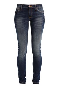 Tmavě modré skinny džíny z denimu s mírným vyblednutím, pěti kapsami, poutky na opasek a měděným kováním, které se vyznačují klasickým designem.