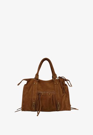 Sac à main en daim marron avec deux poignées, poche zippée à l'avant avec tirette à frange, et détails décoratifs en boucle et en clous.