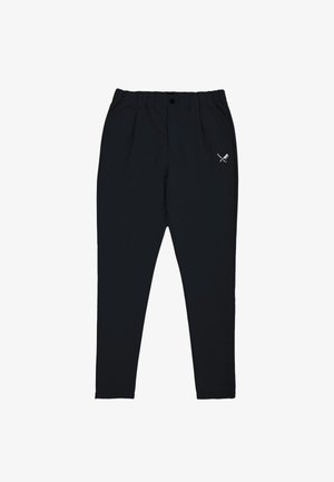 Mustad püksid elastse vöökohaga, millel on väike hõbedane logo. Sile tekstuur ja kitsenev lõige stiilseks istuvuseks.