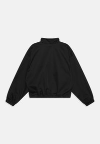 Sweatshirt cropped preto com gola alta, punhos elásticos e bainha franzida. Textura suave, design minimalista, sem gráficos ou padrões.