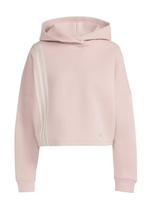 Ljusrosa kort hoodie med dragsko i huvan, försedd med tre vita ränder på vänster ärm och ribbade manschetter. Mjuk textur.