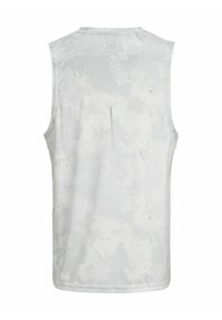 Ærmeløs tanktop i lys grå med et struktureret, abstrakt mønster. Har en rund halsudskæring og lige kant. Glat stof.