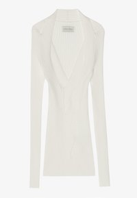 Biały prążkowany top z długim rękawem i dekoltem w serek. Charakteryzuje się teksturowanym wzorem, dopasowanym krojem i bezszwowymi ramionami. Etykieta marki znajduje się wewnątrz.