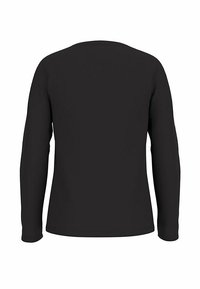 Schwarzes Langarmshirt mit rundem Ausschnitt. Aus einem glatten, elastischen Stoff gefertigt, mit einer taillierten Form und ohne sichtbare Verzierungen.