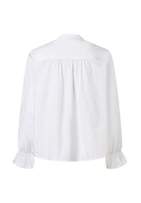 Weiße Bluse mit langen Ärmeln, die hinten gefaltet ist, mit elastischen Bündchen und klassischem Kragen. Glattes Baumwollmaterial mit lockerer Passform.