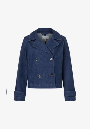 Pardessus en denim foncé avec un devant croisé, grand col et poignets retroussés. Doté de boutons ronds et d'une texture lisse.