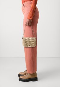 Borsa in paglia intrecciata con tracolla a catena, forma rettangolare, chiusura a scatto e colore beige, tenuta accanto a pantaloni rosa e scarpe marroni.