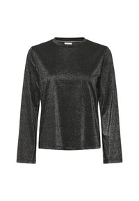 Černý dlouhý rukáv top s lesklou texturou a kulatým výstřihem, vystavený na jednobarevném bílém pozadí.