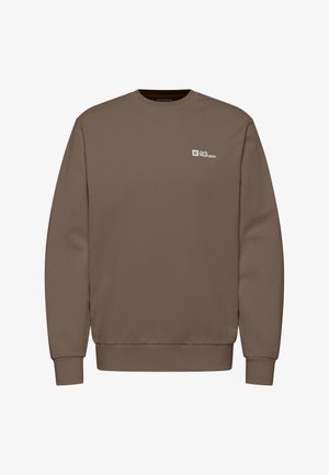 Brown crewneck sweatshirt made of soft fabric. Features ribbed cuffs and hem, with a small white logo on the upper left side.