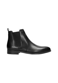 Stivaletti Chelsea in pelle nera con pannelli elastici laterali, linguetta, punta tonda e tacco basso impilato. Superficie liscia con dettagli minimi.