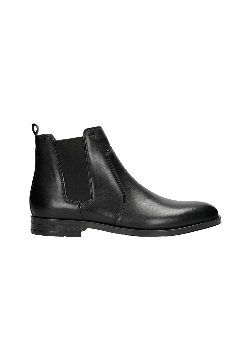 Stivaletti Chelsea in pelle nera con pannelli elastici laterali, linguetta, punta tonda e tacco basso impilato. Superficie liscia con dettagli minimi.