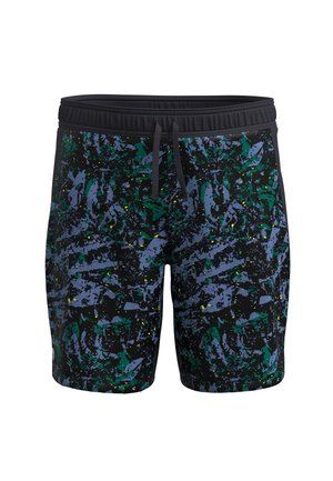 Zwemshorts met een zwarte basis en een kleurrijk abstract patroon in groen, blauw en geel, met een elastische tailleband en trekkoord.