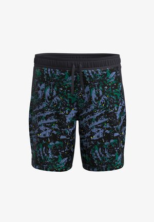 Zwemshorts met een zwarte basis en een kleurrijk abstract patroon in groen, blauw en geel, met een elastische tailleband en trekkoord.
