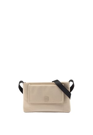 Sac bandoulière rectangulaire beige avec poche à rabat avant et sangle d'épaule noire réglable sur fond blanc.