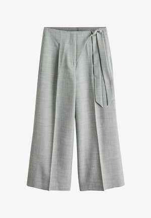 Lichtgrijze wijde broek met hoge taille en zijdetail van strik op een effen witte achtergrond.