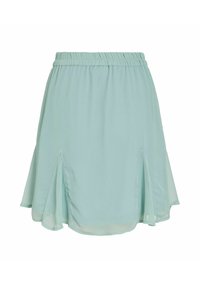 Jasno miętowa spódnica z elastycznym pasem, o rozkloszowanym kroju, półprzezroczystej tkaninie i bocznych rozcięciach dla większej swobody ruchów.