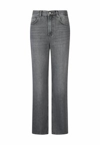 High-waisted straight-leg jeans in faded black denim with front button, zip closure, and five-pocket design.