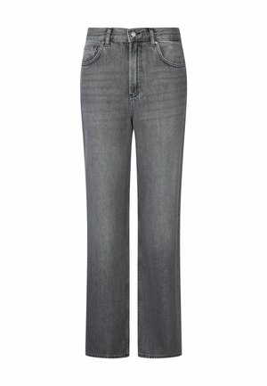 High-waisted straight-leg jeans in faded black denim with front button, zip closure, and five-pocket design.