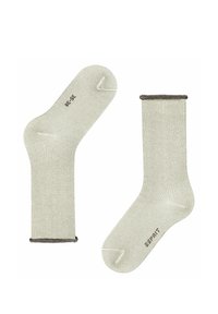 Lichtgrijze sokken met een gladde textuur, donkergrijze boord en versterkte teen. Heeft een merklogo gedrukt in bruin.