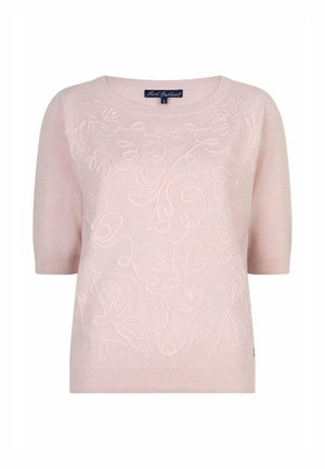 Lichtroze korte mouwen trui met verhoogde bloemenborduursels aan de voorkant en een ronde hals.