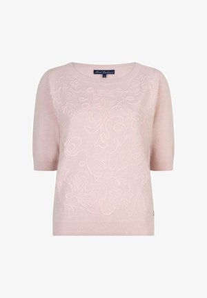 Lichtroze korte mouwen trui met verhoogde bloemenborduursels aan de voorkant en een ronde hals.