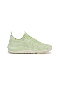 Sneaker verde chiaro con tomaia texturizzata, suola in gomma liscia e dettagli di cucitura intricati. Caratterizzato da una punta arrotondata e un tassello sul tallone.