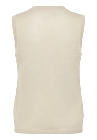 Gilet sans manches beige, texture douce, col rond, dos sans couture, design minimaliste, matériau léger, éclat subtil, coupe régulière.