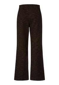 Vide benbukser i struktureret sort stof med guldpletter. Høj talje uden lukninger. Glat finish og skræddersyet design.