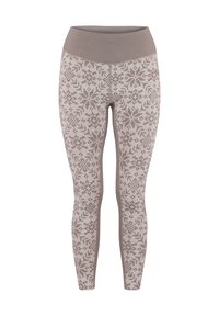 Musterleggings in Beige- und Brauntönen. Mit einem hohen, gerippten Bund und einem geometrischen Design über das gesamte Material. Hergestellt aus weichem, dehnbarem Material.