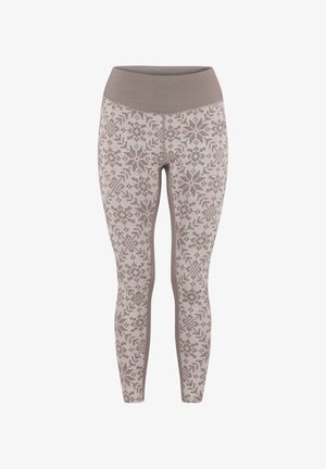 Mønstrede leggings i beige og brune nuancer. Har en høj, ribbet talje og et geometrisk design gennem hele leggingsene. Blødt, strækbart materiale.