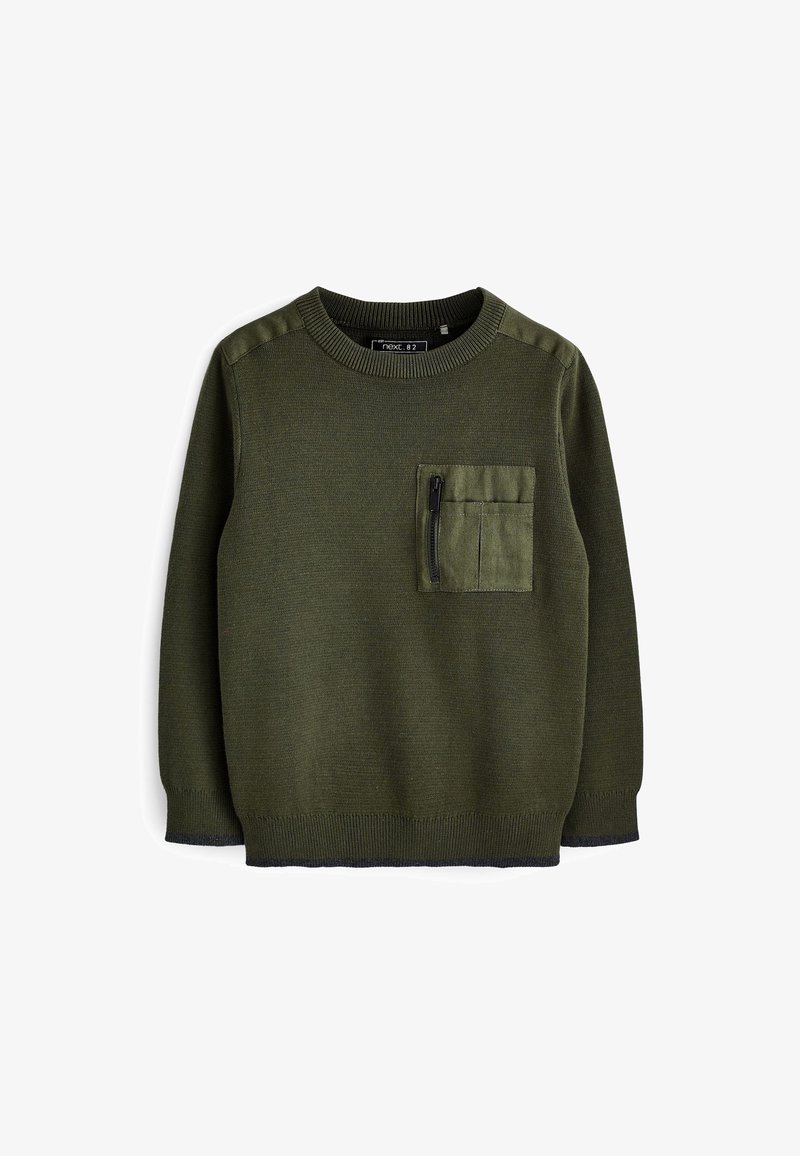 Pull en maille vert foncé à manches longues avec poignets et ourlet côtelés, doté d'une poche poitrine en tissu avec une fermeture éclair noire verticale.