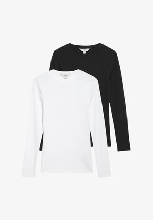 Deux t-shirts à manches longues : un en blanc et un en noir, fabriqués en coton doux. Les deux présentent des encolures rondes et une coupe ajustée.