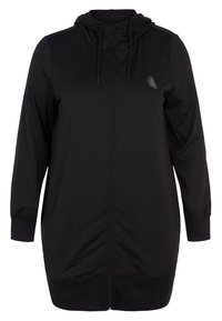 Haut de sport zippé noir, avec capuche à cordon de serrage, manches longues, poignets et ourlet côtelés, et un petit logo géométrique sur la poitrine.