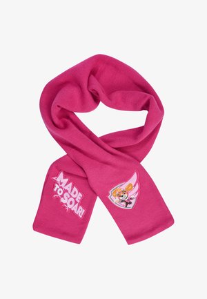 Écharpe en tricot rose avec une illustration d'un personnage ayant des ailes et le texte "FAIT POUR S'ÉLEVER !" à une extrémité. Texture lisse, forme rectangulaire.