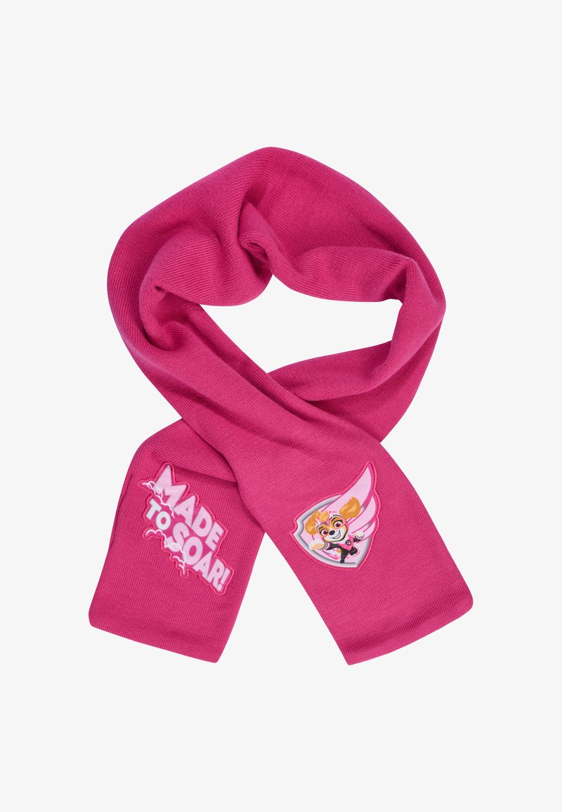 Sciarpa rosa lavorata a maglia con un'illustrazione di un personaggio con ali e la scritta "MADE TO SOAR!" su un'estremità. Texture liscia, forma rettangolare.
