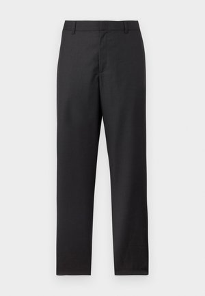 Pantalones formales negros con piernas rectas, trabillas para cinturón y cierre frontal oculto, exhibidos sobre un fondo blanco.