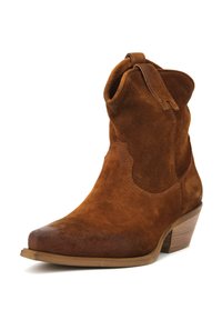 Stivale alla caviglia in suede marrone, con punta affusolata, tacco piccolo e tagli curvi sui lati. Presenta una linguetta sulla parte superiore e una suola liscia.