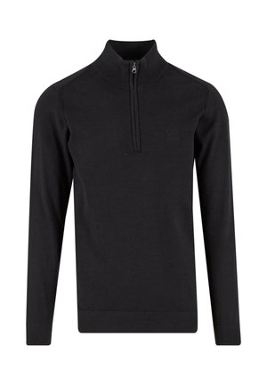 Pull à col zippé noir en tissu lisse avec des manches longues. Doté d'un col et de poignets côtelés, et d'un logo subtil sur la poitrine.