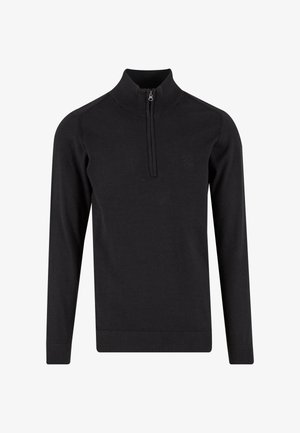 Czarny sweter z zamkiem na szyi wykonany z gładkiego materiału z długimi rękawami. Posiada prążkowany kołnierz i mankiety oraz subtelne logo na piersi.