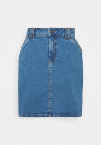 Džínová sukně v středně modré barvě, s přiléhavým stylem, rovný střih, zapínání na knoflíky a pět kapsami. Má kontrastní žluté prošívání.