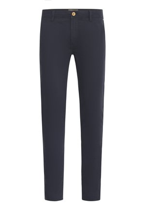 Navy blue trousers made of smooth fabric, featuring a regular fit, five-pocket design, and a front button closure.