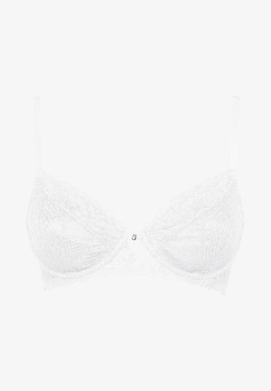 Sutien alb din dantelă cu cupe turnate, model zigzag, margini ondulate, bretele ajustabile și un mic închizător decorativ în centru.