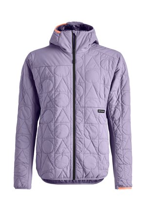 Light purple, quilted jacket with a hood, featuring circular and triangular patterns, a black zipper, and orange accents on the collar and cuffs.