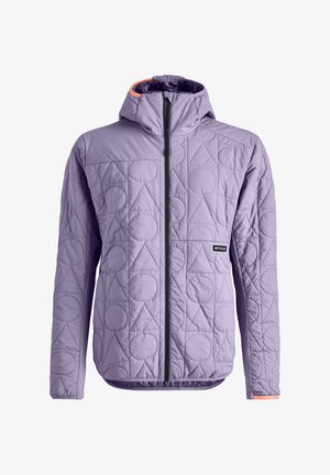 Helllila, gesteppte Jacke mit Kapuze, die mit kreisförmigen und dreieckigen Mustern gestaltet ist. Sie hat einen schwarzen Reißverschluss und orangefarbene Akzente am Kragen und an den Bündchen.